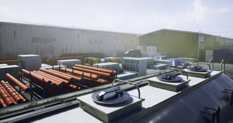 Various construction materials are organized at a site under clear skies. Stacks of pipes and pallets create a busy industrial atmosphere in this location.