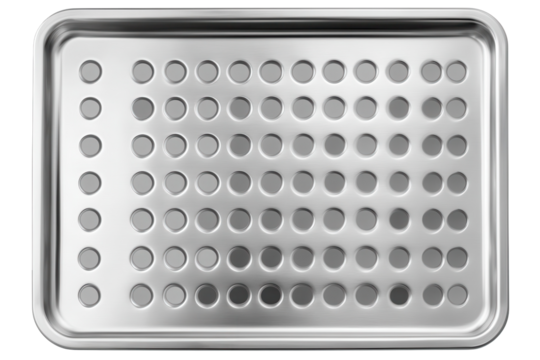 Stainless steel baking sheet designed with multiple round holes for improved airflow and heat distribution during baking