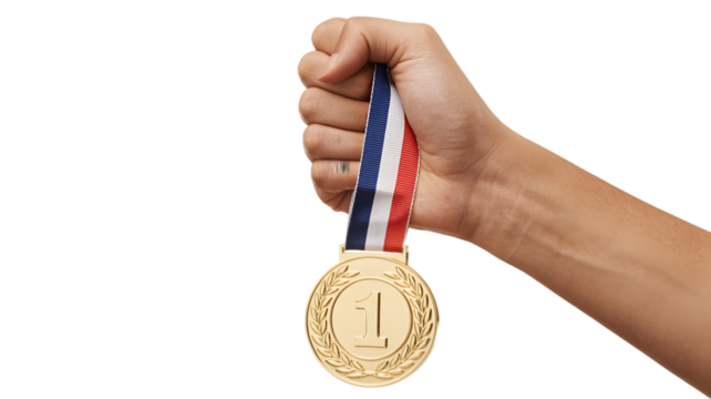 Hand holding first place gold medal with ribbon isolated on white background to celebrate victory