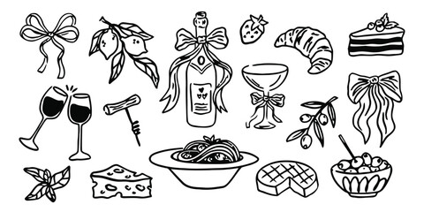 wine, glasses, grapes, cheese, corkscrew, pasta, olives, strawberry, croissant, cake, champagne, bottle, bow, ribbon, basil, food, drink, celebration, party, doodle, sketch, illustration, drawing, bla