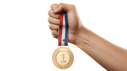 Hand holding first place gold medal with ribbon isolated on white background to celebrate victory