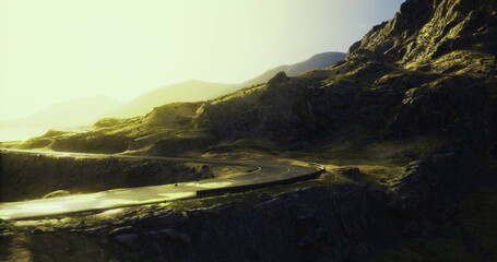 A curving road meanders through lush green mountains as the sun sets, casting golden hues on the landscape. The serene atmosphere invites travelers to explore natures beauty.