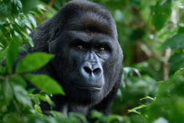 Obraz premium Gorilla observing its surroundings in a lush rainforest habitat during daylight hours