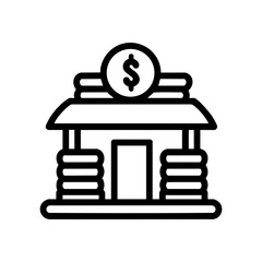 Bank building icon with money symbol on coin, representing finance and banking concept. Vector line illustration for web, app, business presentation