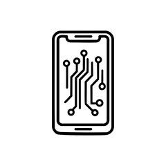 Smartphone with circuit board inside. Concept of mobile technology and digital processing. Outline vector icon for application design