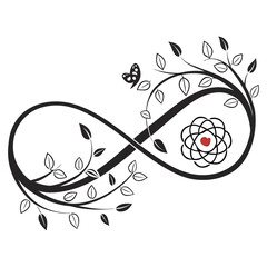 Black infinity symbol with leaves heart and butterfly