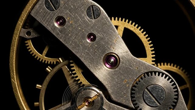 Macro shot of an intricate vintage clockwork mechanism details