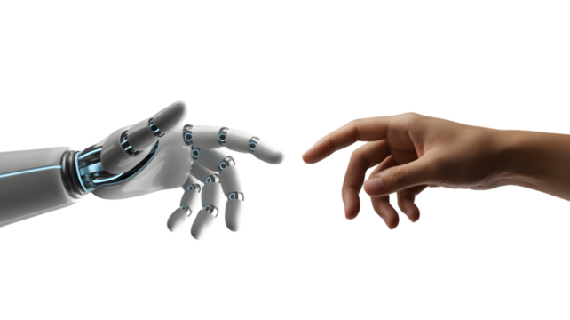 Human hand reaching out to touch a robot hand isolated on white background, concept of future technology