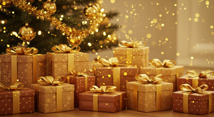 Elegant Gold-Themed Christmas Presents and Ornaments