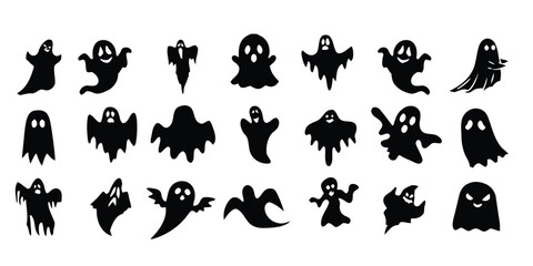ghost, spooky, halloween, scary, phantom, spirit, apparition, silhouette, icon, symbol, character, cute, creepy, playful, various, different, collection, set, black, white, isolated, graphic, design, 