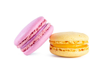 Two macarons isolated on a white background.