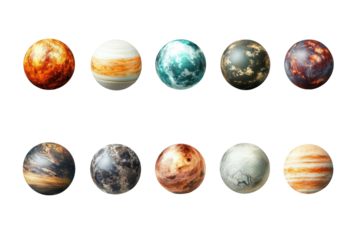 Collection of realistic fantasy planets arranged in a row showcasing diverse colors and textures against a clean background