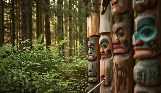 Close-up of traditional totem poles in green rich forest. Carving art showcases native culture, wood craft, detail faces with 

expressions and colors. Symbol of heritage, history, spirituality
