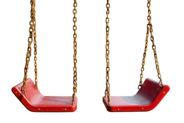 Bright red swings with yellow chains hanging in a playground during daytime, inviting children to play and enjoy the outdoors while fostering fun and friendship