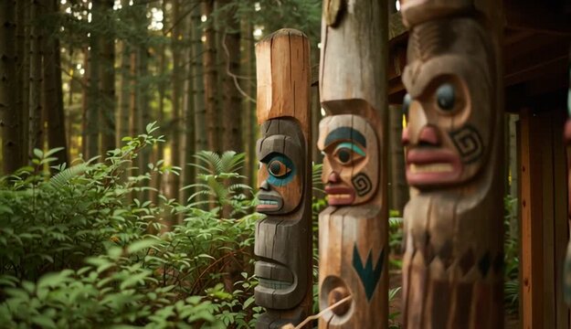 Close-up of traditional totem poles in green rich forest. Carving art showcases native culture, wood craft, detail faces with 

expressions and colors. Symbol of heritage, history, spirituality
