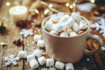Warm cocoa with marshmallows on a festively decorated table amidst christmas cheer and cozy ambiance