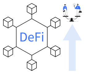 Hexagonal blockchain network labeled DeFi connecting nodes, figures collaborating on scale, upward arrow. Ideal for fintech, decentralized systems, innovation, collaboration, progress, blockchain