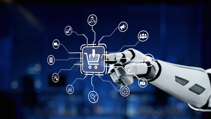 A robotic hand points at digital shopping icons, illustrating advanced technology and innovation in online retail, enhancing user experience in e-commerce. Synapse