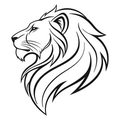 Black monoline lion head graphic on white animal wildlife