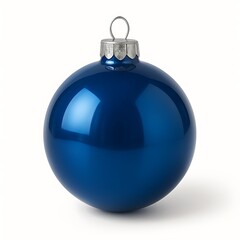 Fototapeta premium Glossy blue Christmas ball ornament isolated on white background, festive holiday decoration sphere with reflection