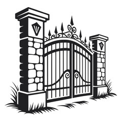 Black ornate castle gate with stone pillars and grass