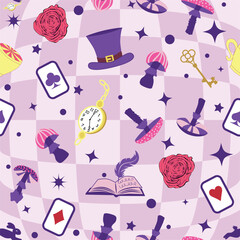 Wonderland pattern elements roses, rabbit, Cheshire cat, flamingo cards hat cup and mushrooms and clock