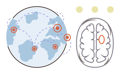 World map with dotted lines, brain diagram, connection points. Ideal for science, neurology, research, global networks, innovation technology education. Simple flat metaphor