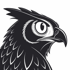 Black owl head graphic with large white eyes bird face