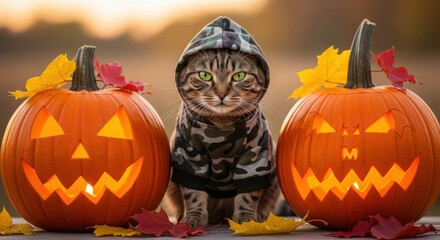 Tabby cat in hoodie with carved pumpkins for halloween