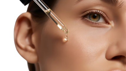 Closeup of a womans eye and cheek as a dropper applies serum, isolated on transparent background