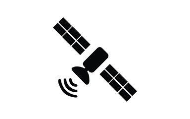 Black silhouette of a satellite transmitting signals isolated on white background