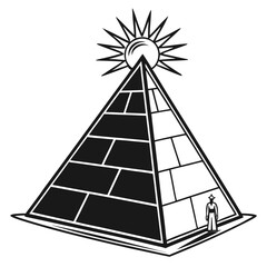 Black pyramid with sun symbol and figure on white Egyptian