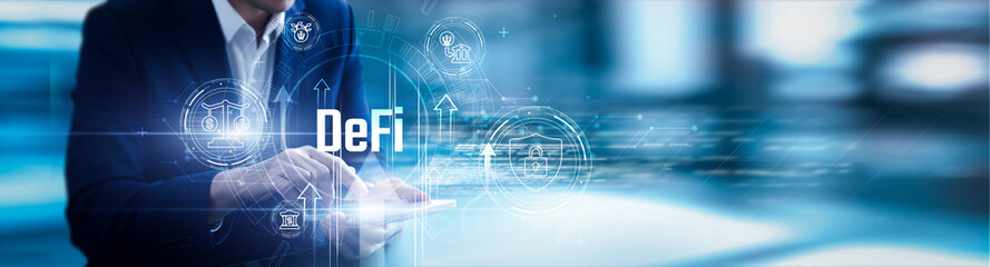 Businessman using mobile smartphone and DeFi analyzing data blockchain platforms, smart contracts, crypto assets, peer-to-peer finance, and digital wallets.