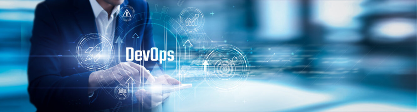 Businessman using mobile smartphone and DevOps analyzing data CI/CD pipelines, automation, cloud infrastructure, agile workflows, and deployment efficiency.