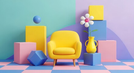 Vibrant 3d render of a yellow armchair with colorful geometric shapes