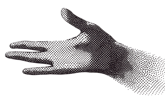 Halftone dots design depicting a hand in a waving gesture, showcasing artistic expression of communication and greeting