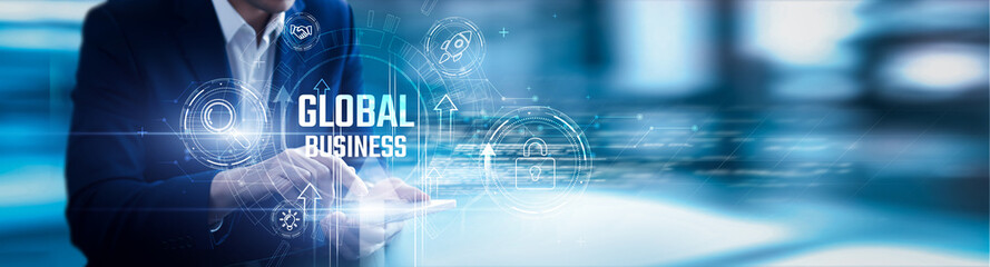 Businessman using mobile smartphone and global business analyzing data international trade, market...