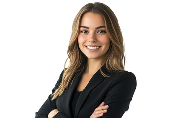 Confident businesswoman in a black suit poses with a smile against a clean white background during a corporate photoshoot in a professional setting