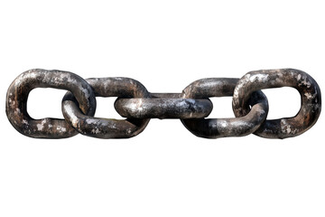 Obraz premium Broken metal chain link isolated on transparent background showcasing extensive wear and tear from usage and environmental exposure