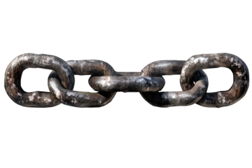 Broken metal chain link isolated on transparent background showcasing extensive wear and tear from usage and environmental exposure