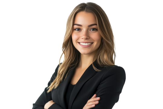 Confident businesswoman in a black suit poses with a smile against a clean white background during a corporate photoshoot in a professional setting