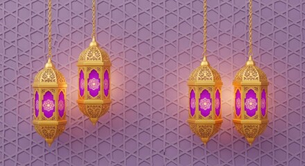 Ramadan lanterns hanging on a patterned background