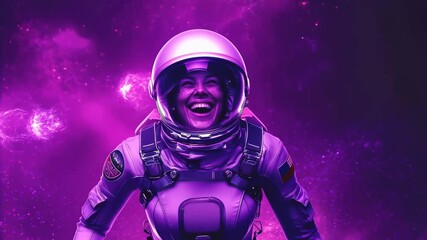 Woman astronaut with freckles smiling in a space suit against a cosmic background with nebula and stars, sci-fi animation - Powered by Adobe