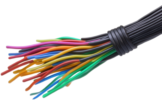 Close up view of a black cable showcasing various colored wires during a wiring project, demonstrating intricate connections and organization