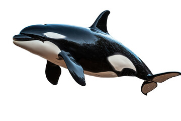 Obraz premium Close up view of an orca whale displaying smooth black and white skin, swimming gracefully in clear water during daylight hours