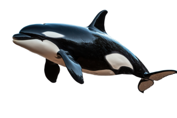Close up view of an orca whale displaying smooth black and white skin, swimming gracefully in clear water during daylight hours