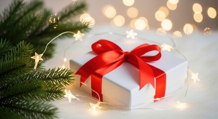 Christmas gift box with red ribbon and festive lights