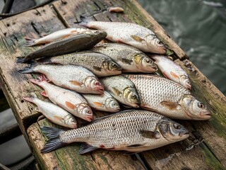 Obraz premium Various fresh fish displayed on a wooden surface, showcasing different fish species.