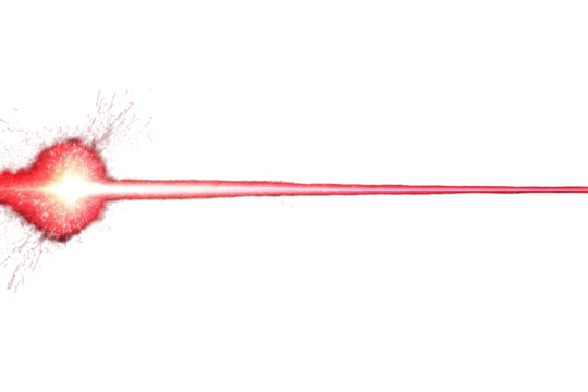 Bright red laser beam shoots through the air, creating sparks in a vivid display of color and energy during a dynamic demonstration or scientific experiment setting