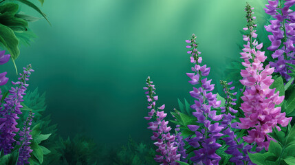 Fototapeta premium A vibrant digital illustration presents elegant purple lupine flowers blooming gracefully against a serene backdrop of verdant foliage and gentle sunlit illumination.